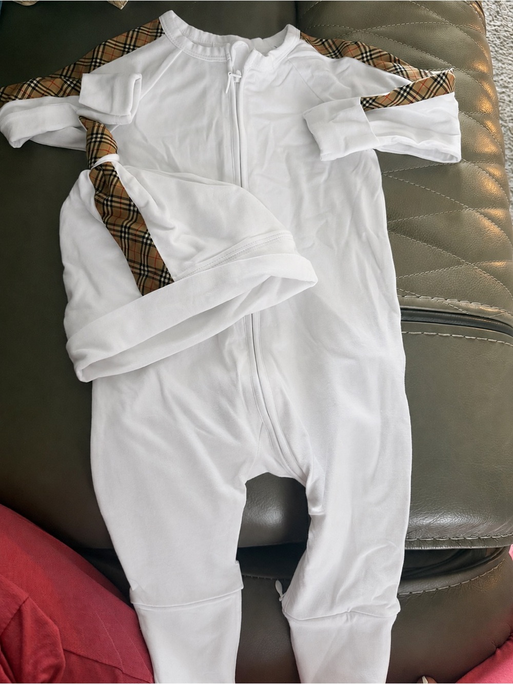 Burberry White Baby One-Piece Romper with Classic Check Trim